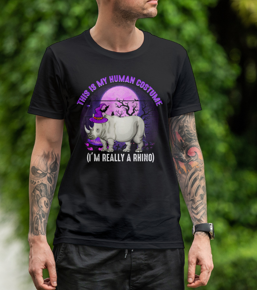 This Is My Human Costume I'm Really A Rhino Halloween Moon Hat Trees T-Shirt