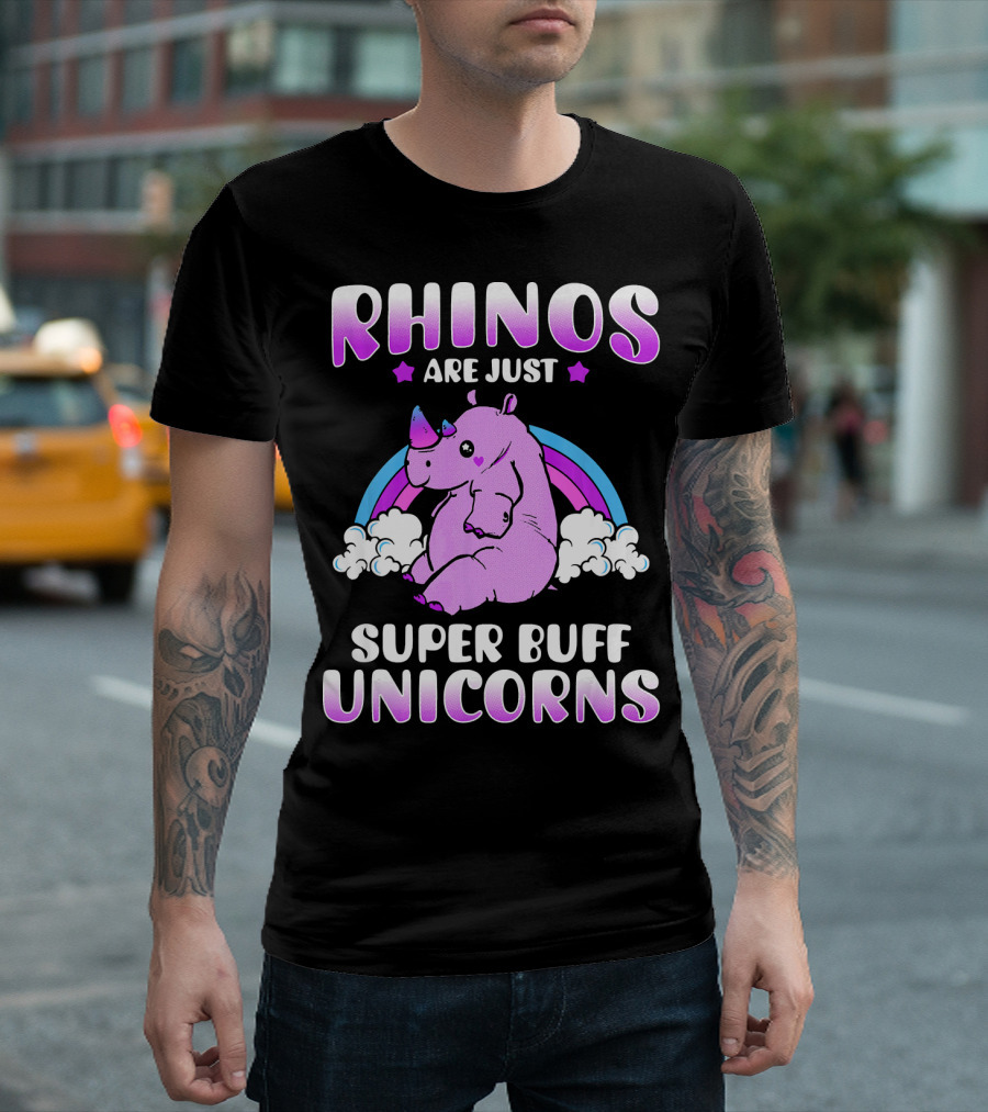RHINOS ARE JUST SUPER BUFF UNICORNS Rainbow Clouds Purple Rhino T-Shirt