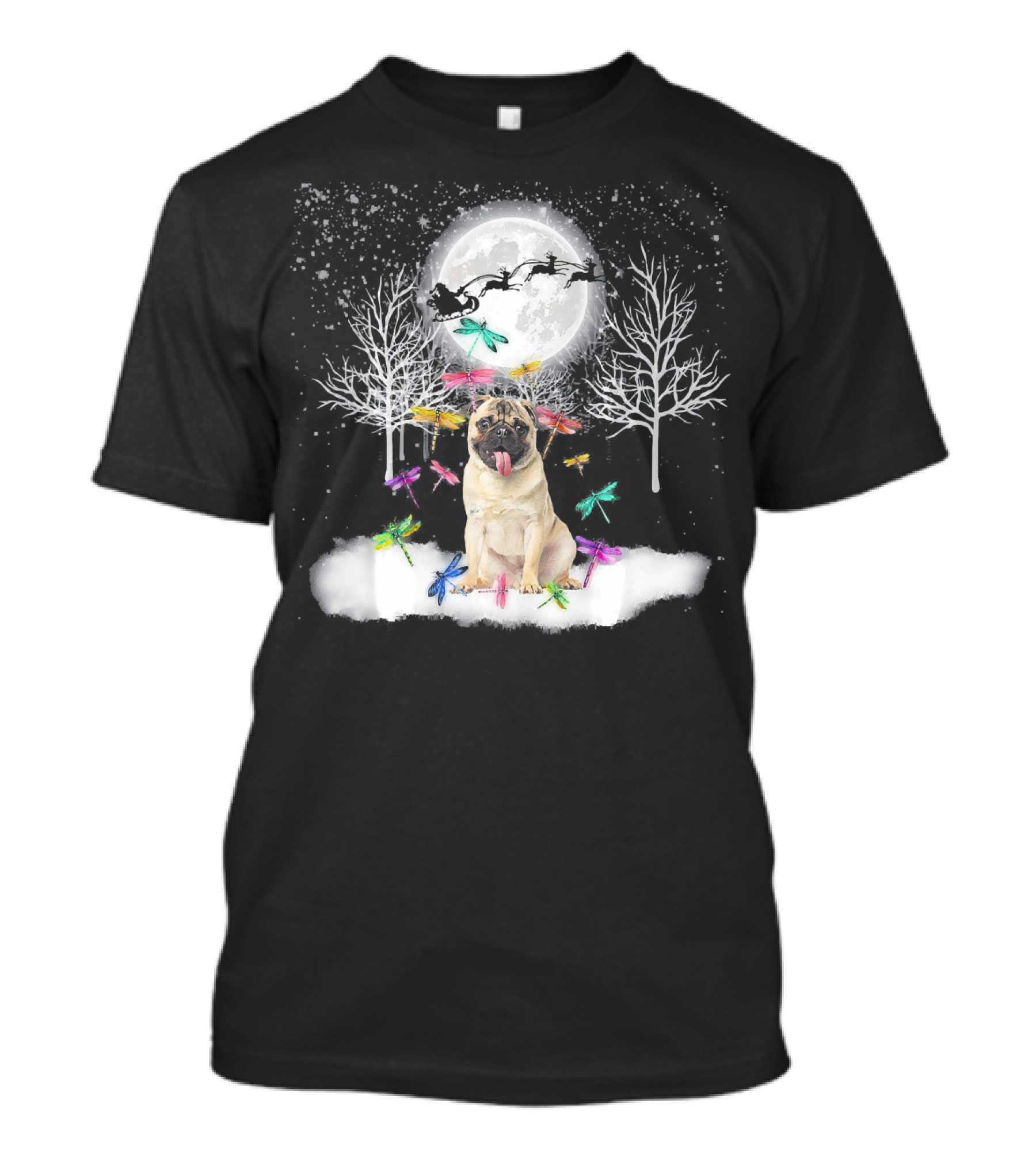 Pug Christmas Snow With Dragonfly In Moonlit Winter Scene T-Shirt