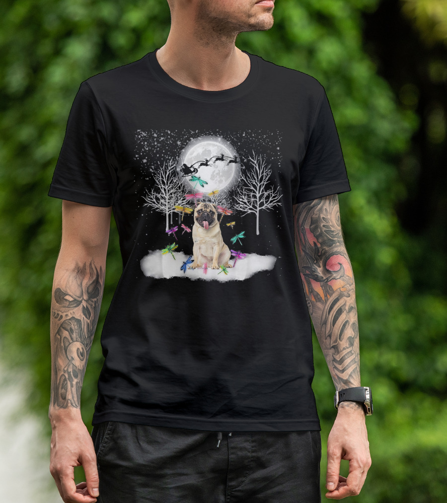Pug Christmas Snow With Dragonfly In Moonlit Winter Scene T-Shirt