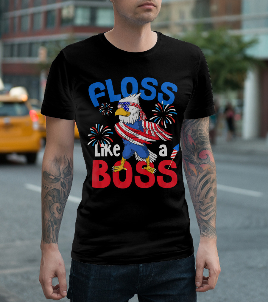 Floss Like a Boss Eagle 4th of July USA Flag Fireworks T-Shirt