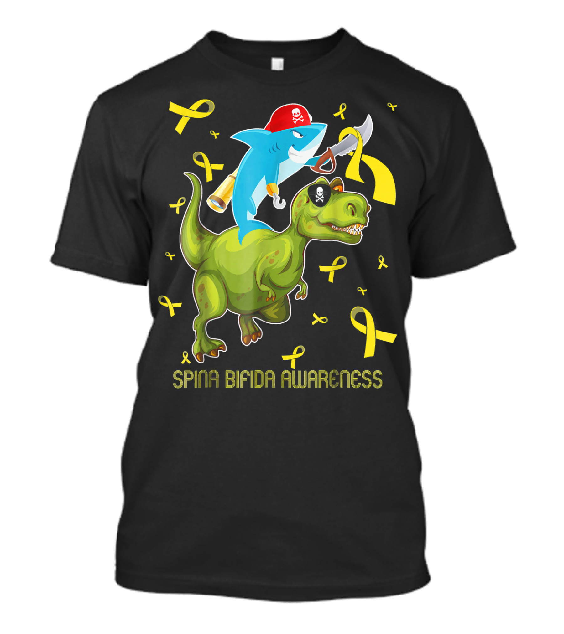 Spina Bifida Awareness Pirate Shark Riding Dinosaur T-Shirt