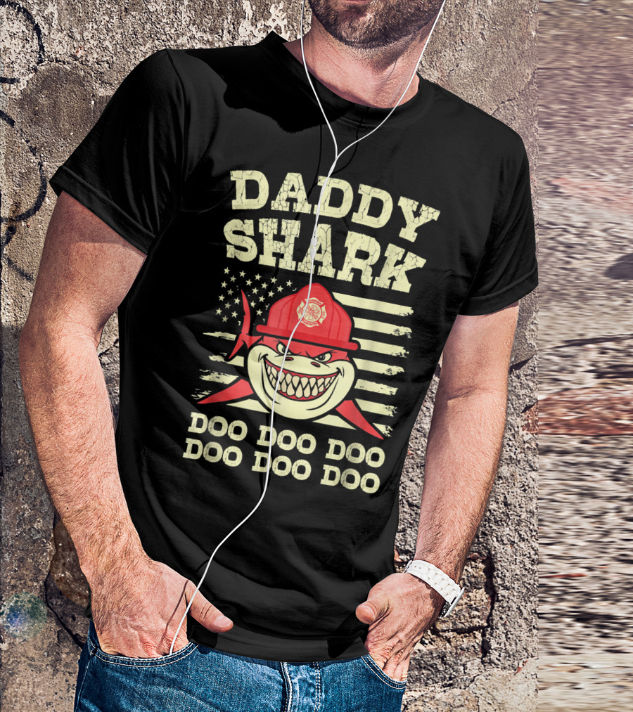 Daddy Shark Firefighter Doo Doo American Flag T-Shirt