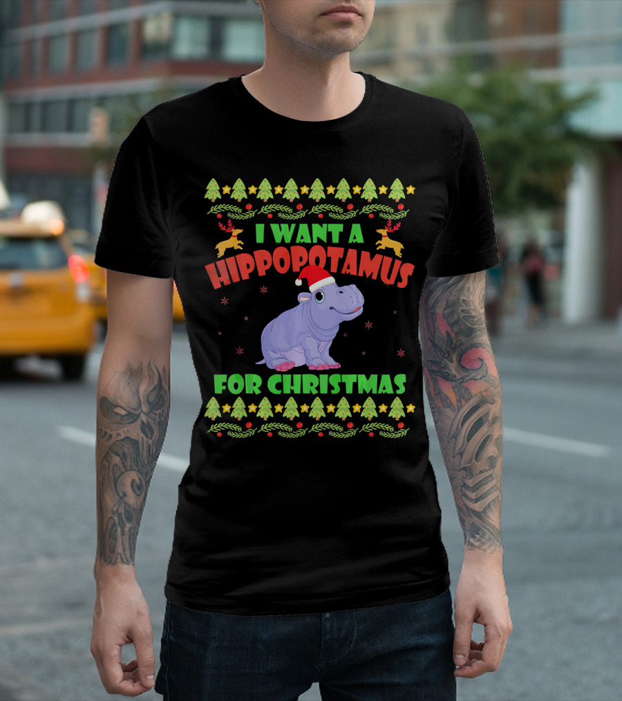 I Want A Hippopotamus For Christmas Funny Hippo Santa Hat Christmas Trees Reindeer T-Shirt