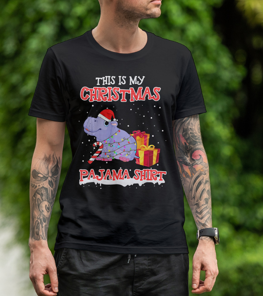This Is My Christmas Pajama Shirt Santa Hippo Candy Cane And Gifts T-Shirt