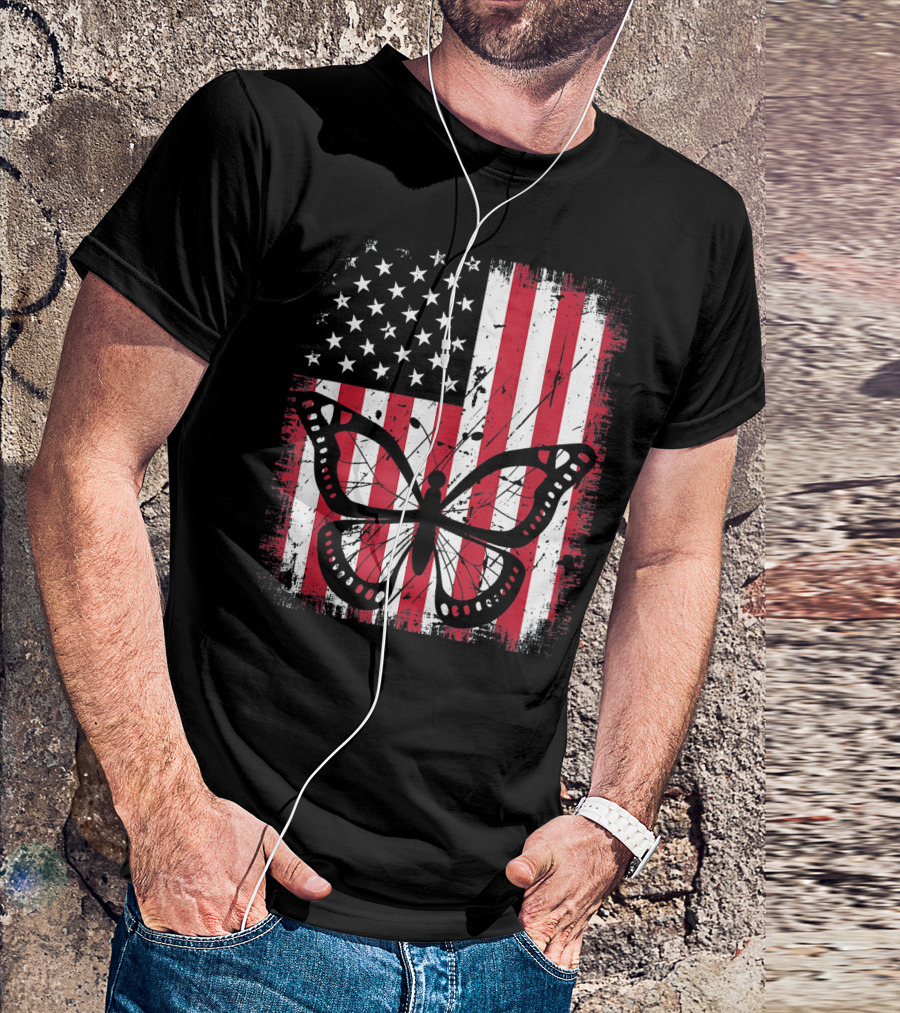 Vintage Butterfly Distressed American Flag USA T-Shirt
