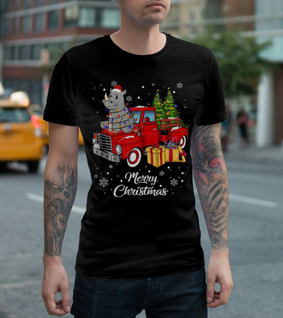 Merry Christmas Rhino on Red Truck with Gifts and Snowflakes T-Shirt
