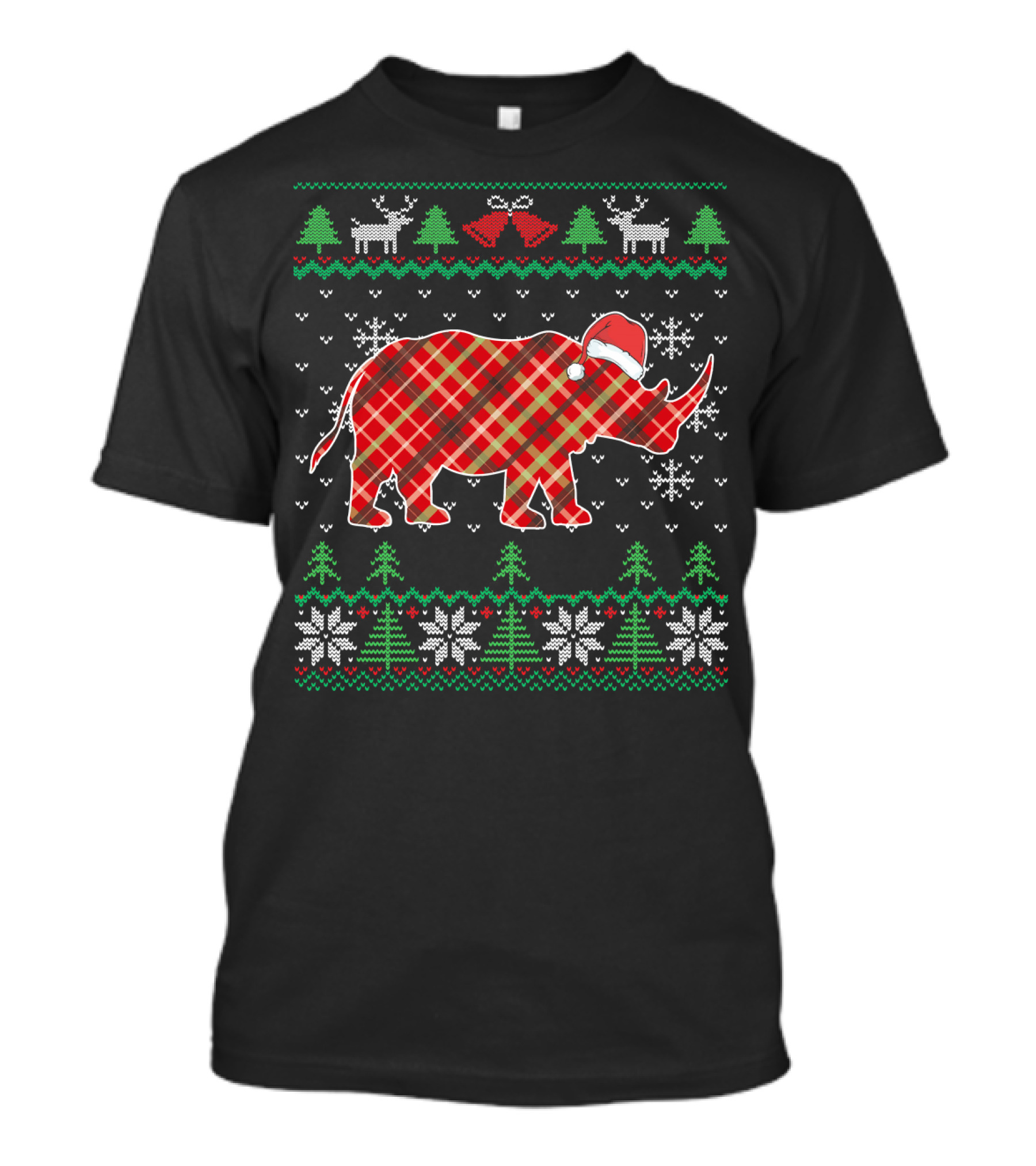 Plaid Rhino Santa Hat Christmas Ugly Sweater African Rhinoceros Snowflakes T-Shirt