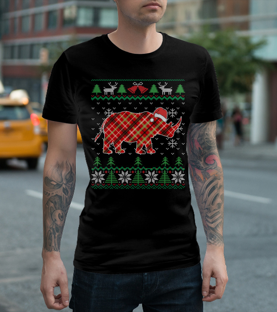 Plaid Rhino Santa Hat Christmas Ugly Sweater African Rhinoceros Snowflakes T-Shirt