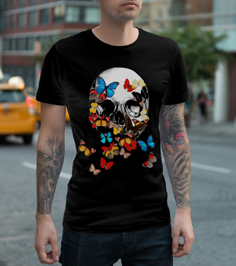 Skull With Vibrant Butterflies T-Shirt