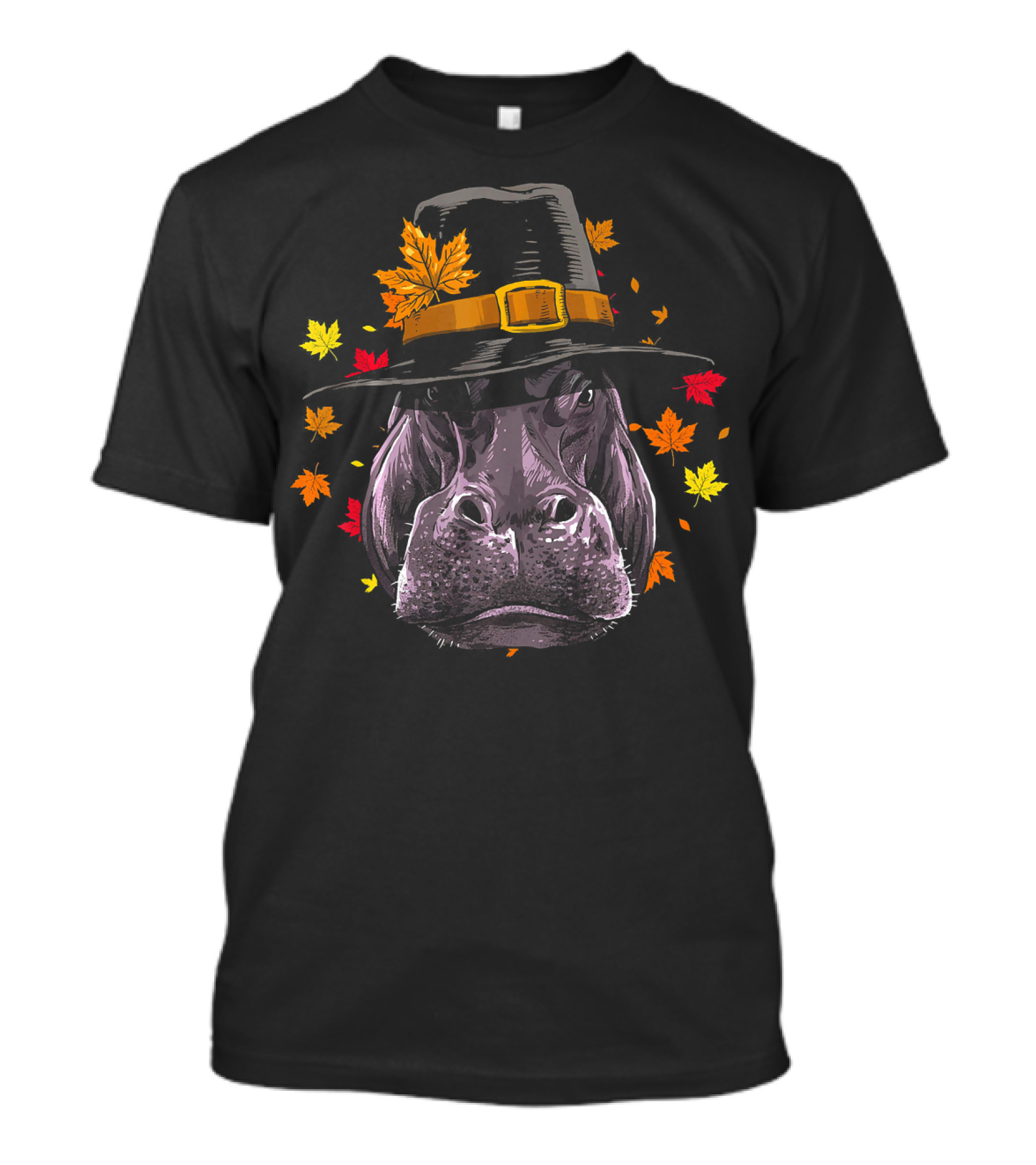 Thanksgiving Pilgrim Hippo With Autumn Leaves T-Shirt