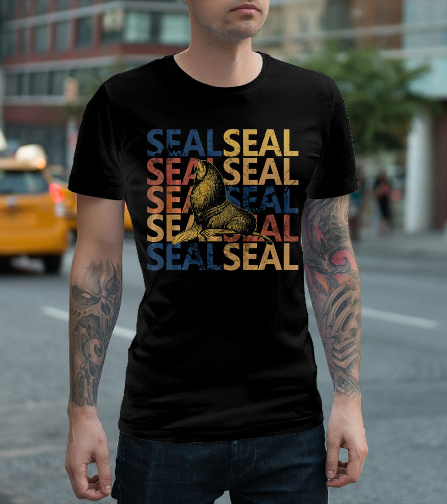 Vintage Retro Style Seal Multi-Color Text Overlap T-Shirt