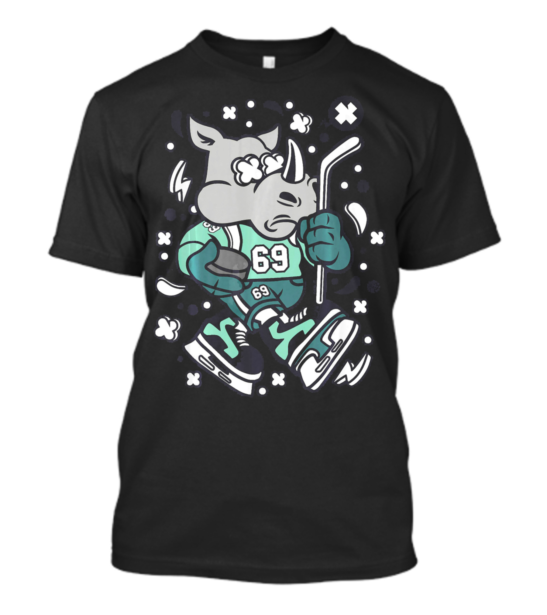 Rhinoceros Hockey Funny Rhino Player 69 Cartoon Skater T-Shirt
