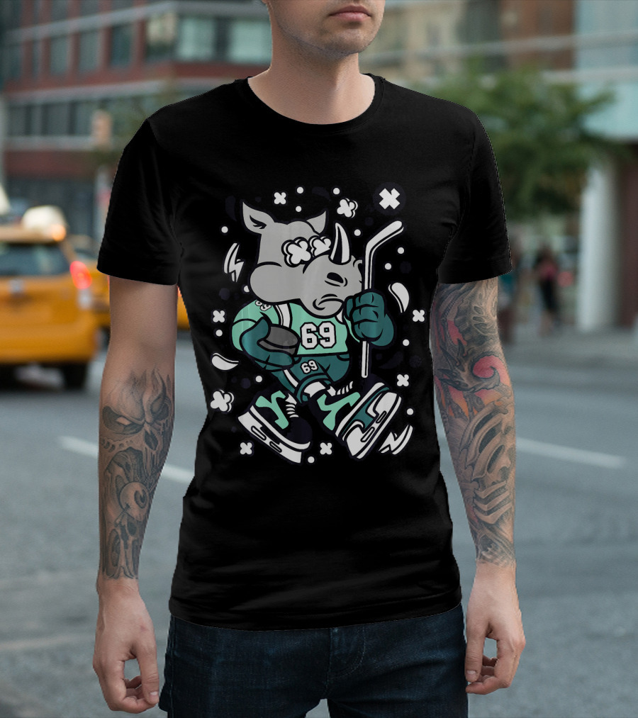Rhinoceros Hockey Funny Rhino Player 69 Cartoon Skater T-Shirt