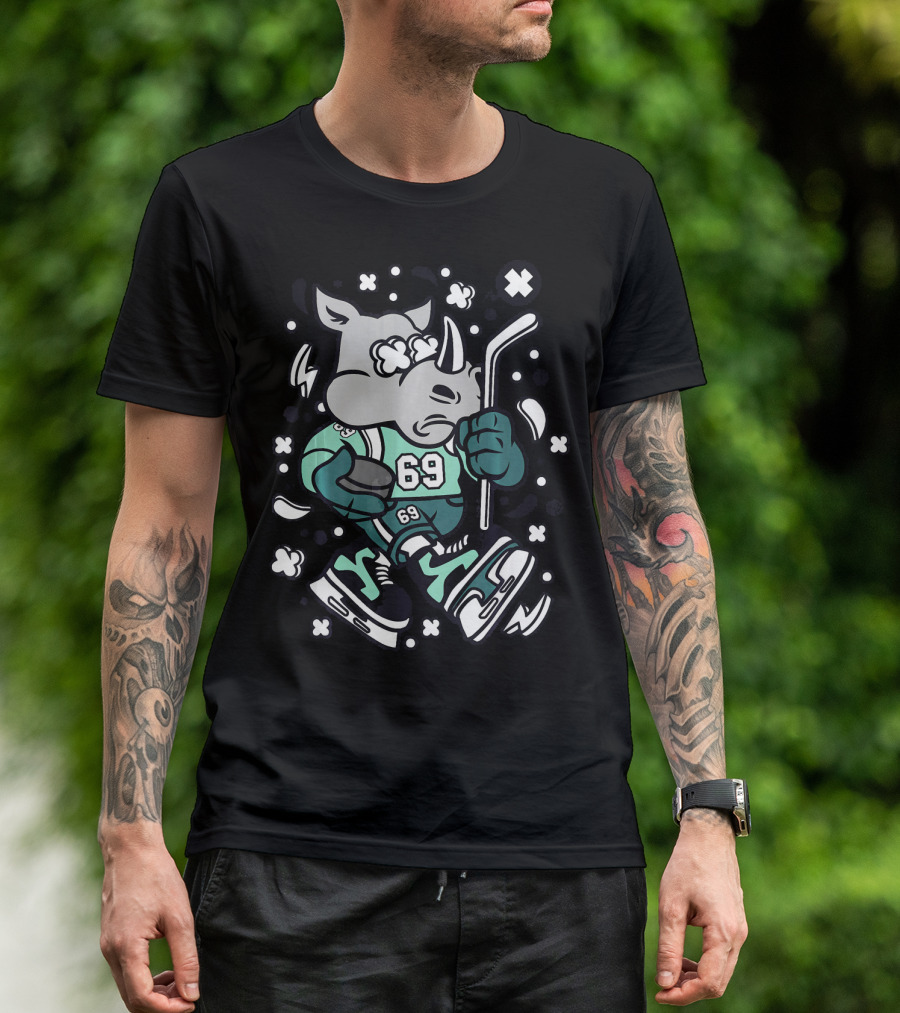 Rhinoceros Hockey Funny Rhino Player 69 Cartoon Skater T-Shirt