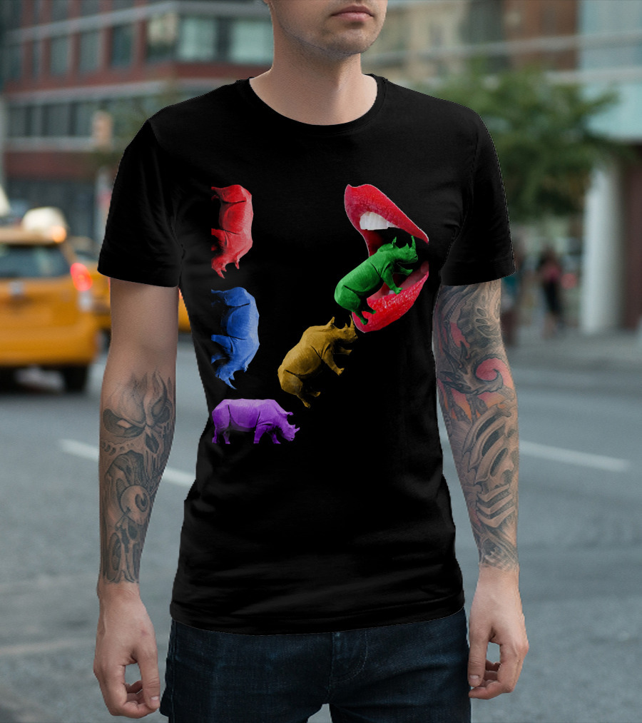 Rhino Parade Crazy Novelty Colorful Rhinos and Lips T-Shirt