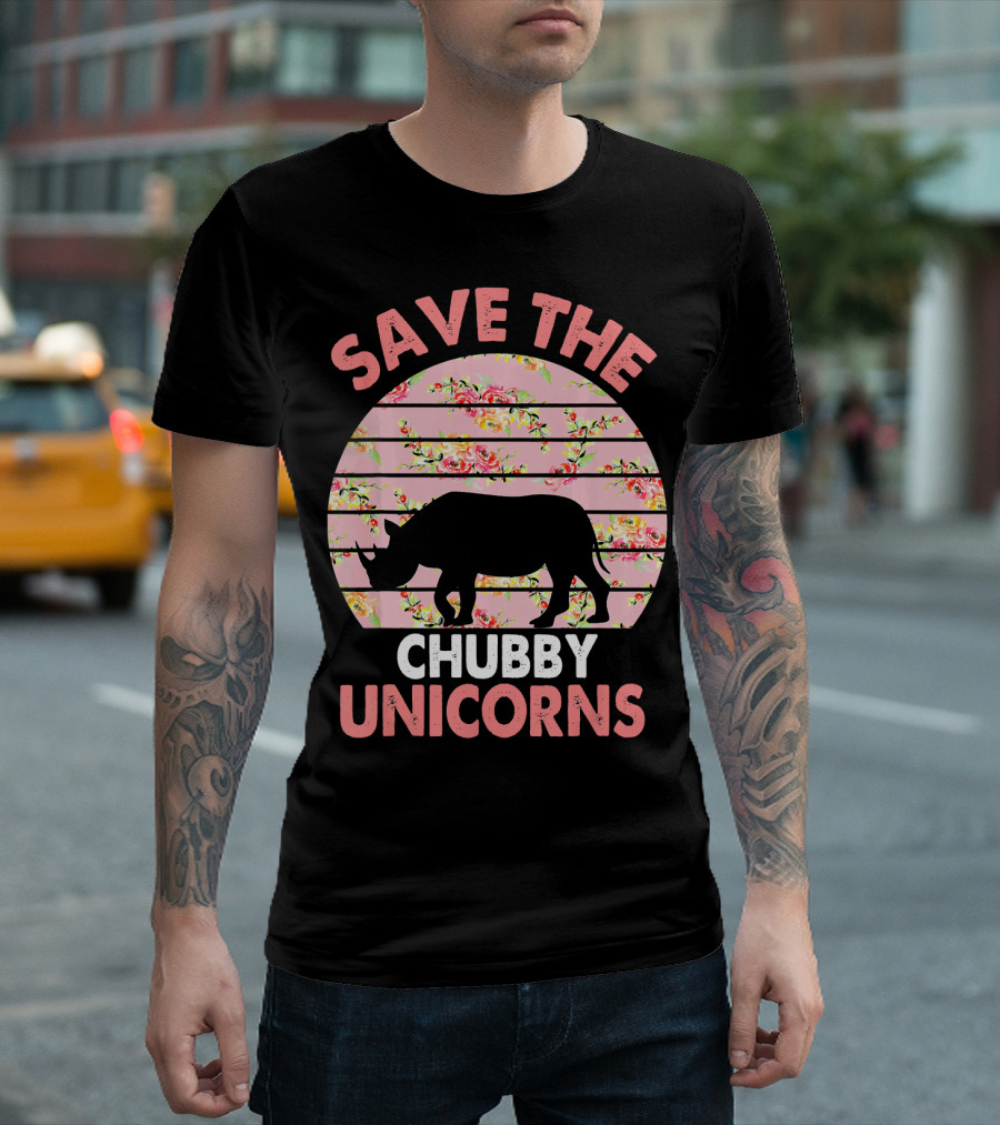 Save The Chubby Unicorns Rhinoceros Floral Vintage T-Shirt