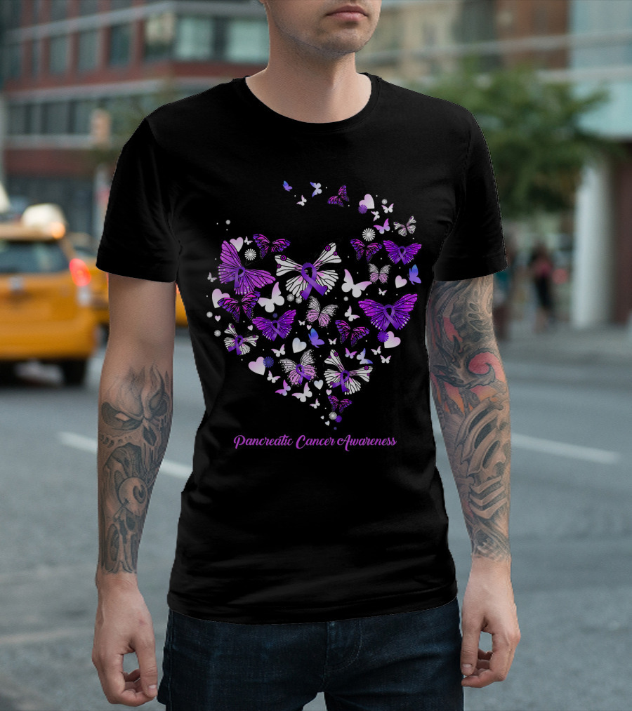 Pancreatic Cancer Awareness Purple Ribbon Butterfly Heart T-Shirt