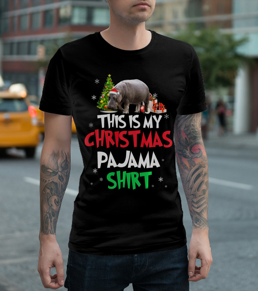 Christmas Pajama Shirt Santa Hippopotamus Christmas Tree T-Shirt