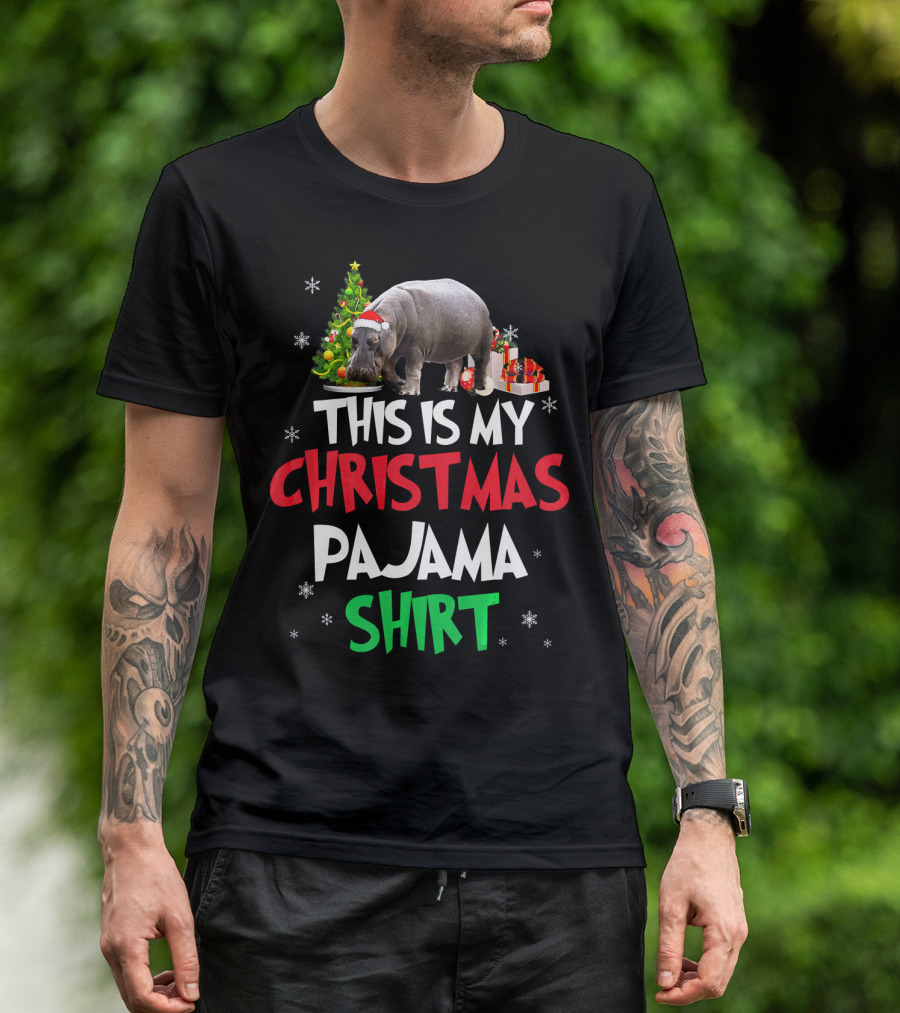 Christmas Pajama Shirt Santa Hippopotamus Christmas Tree T-Shirt