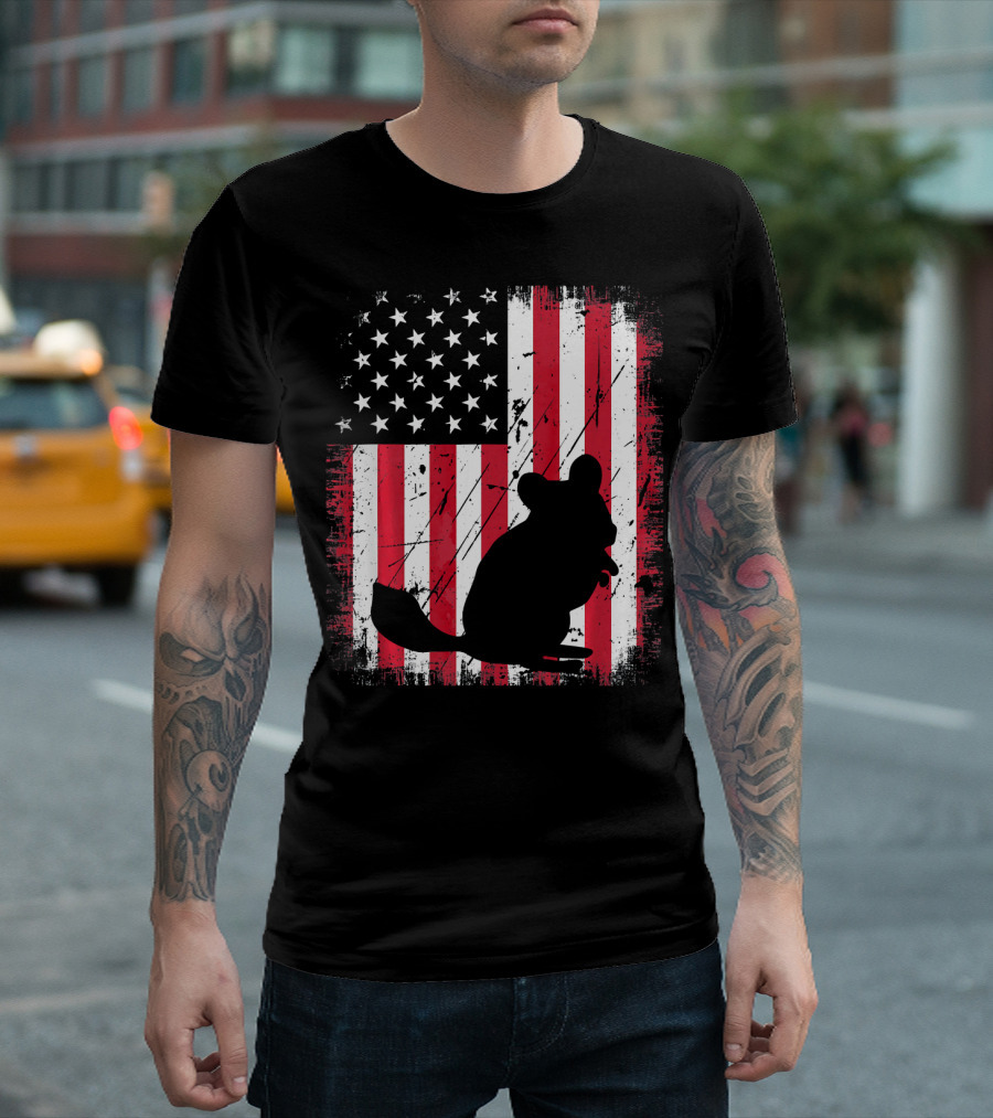 Vintage Chinchilla Silhouette Over Distressed American Flag T-Shirt