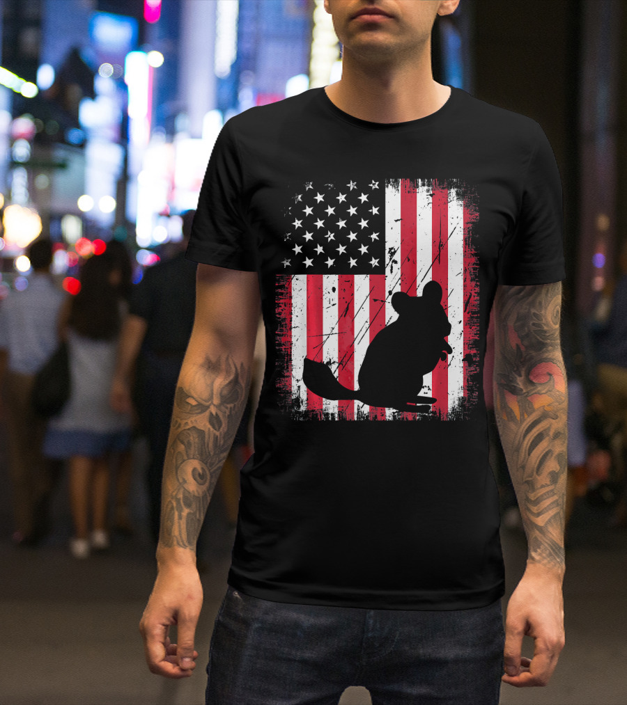 Vintage Chinchilla Silhouette Over Distressed American Flag T-Shirt