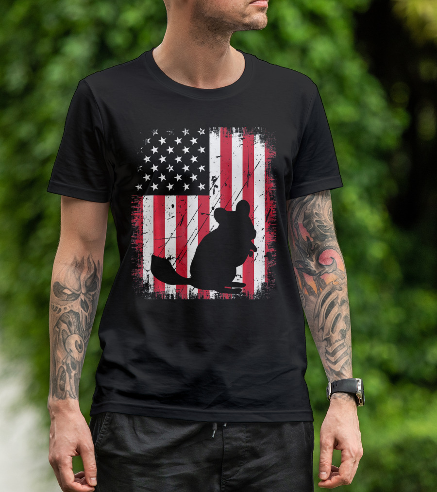 Vintage Chinchilla Silhouette Over Distressed American Flag T-Shirt