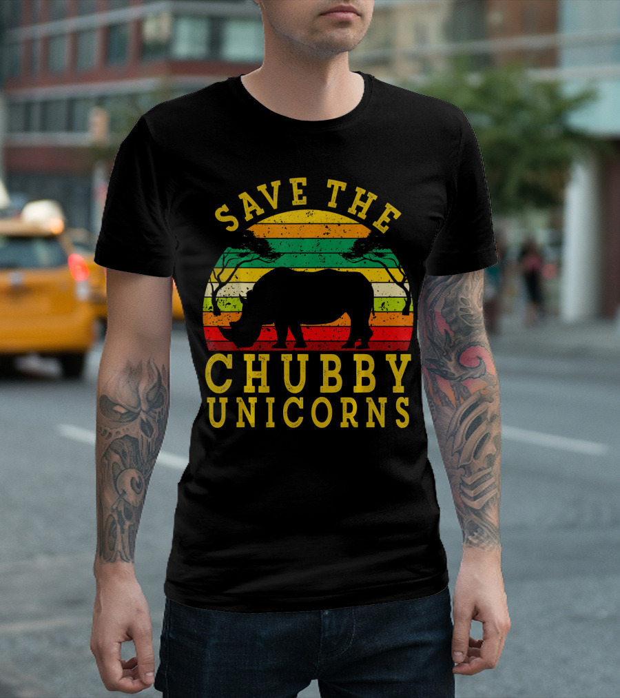 Save The Chubby Unicorns Vintage Retro Sunset Rhino T-Shirt