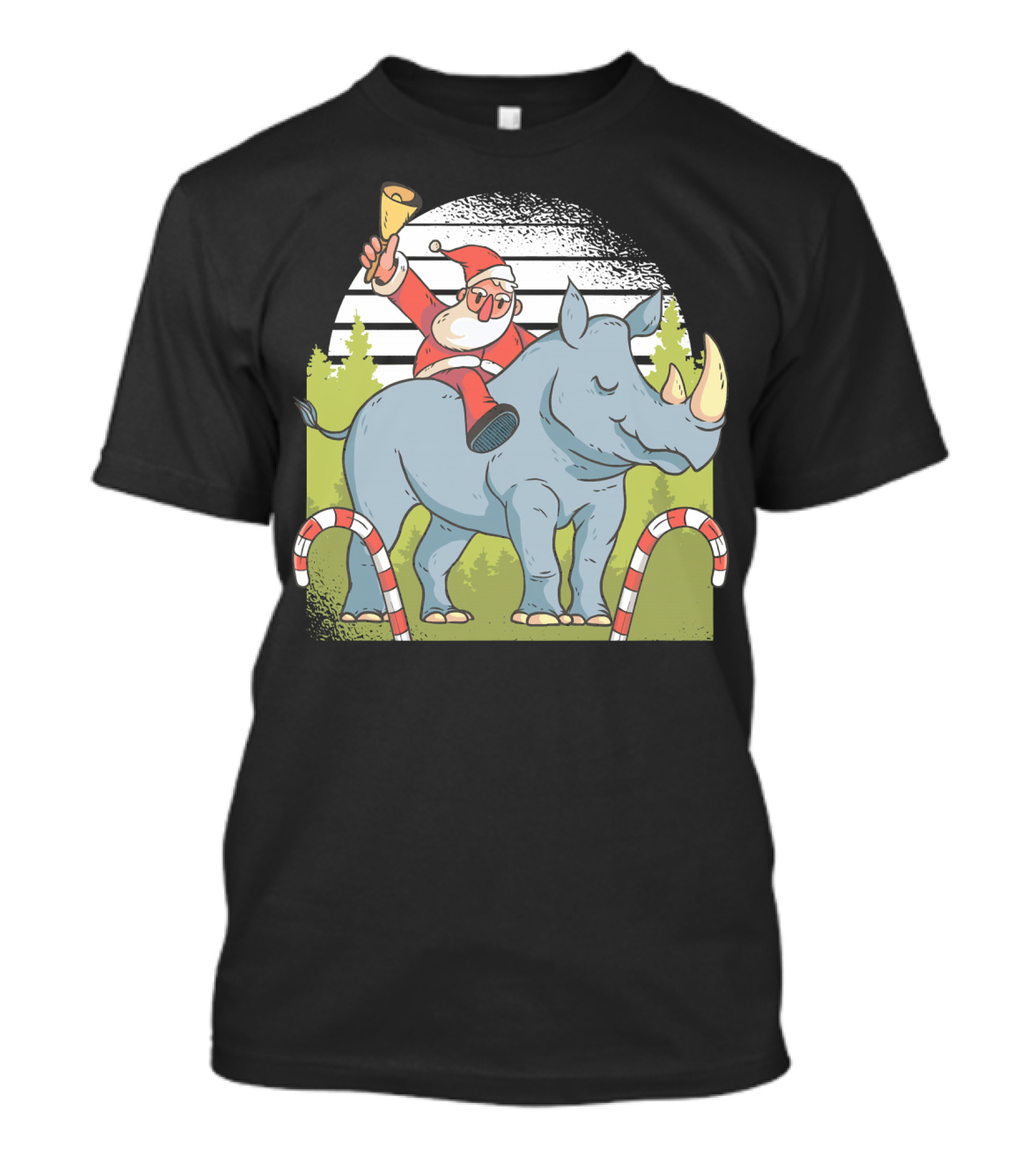 Santa Ringing Bell Riding Rhino With Candy Canes T-Shirt