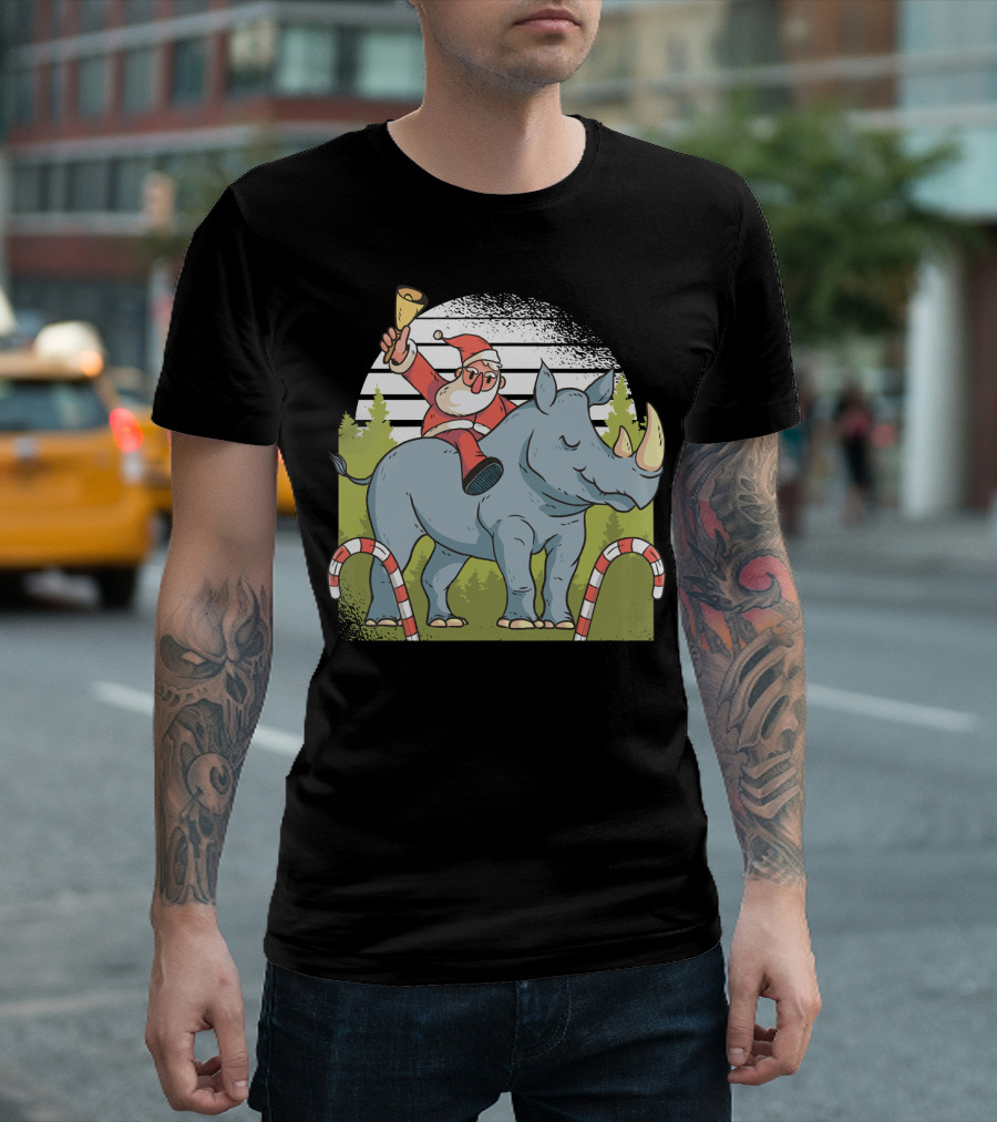 Santa Ringing Bell Riding Rhino With Candy Canes T-Shirt