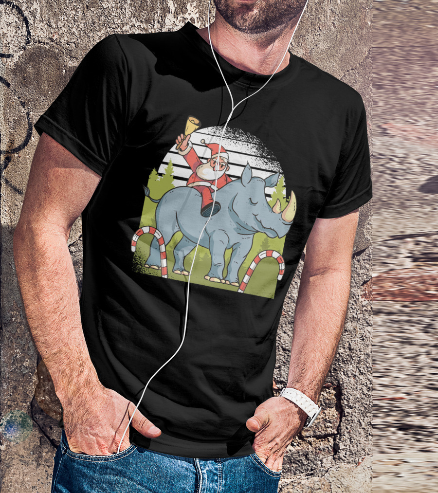 Santa Ringing Bell Riding Rhino With Candy Canes T-Shirt