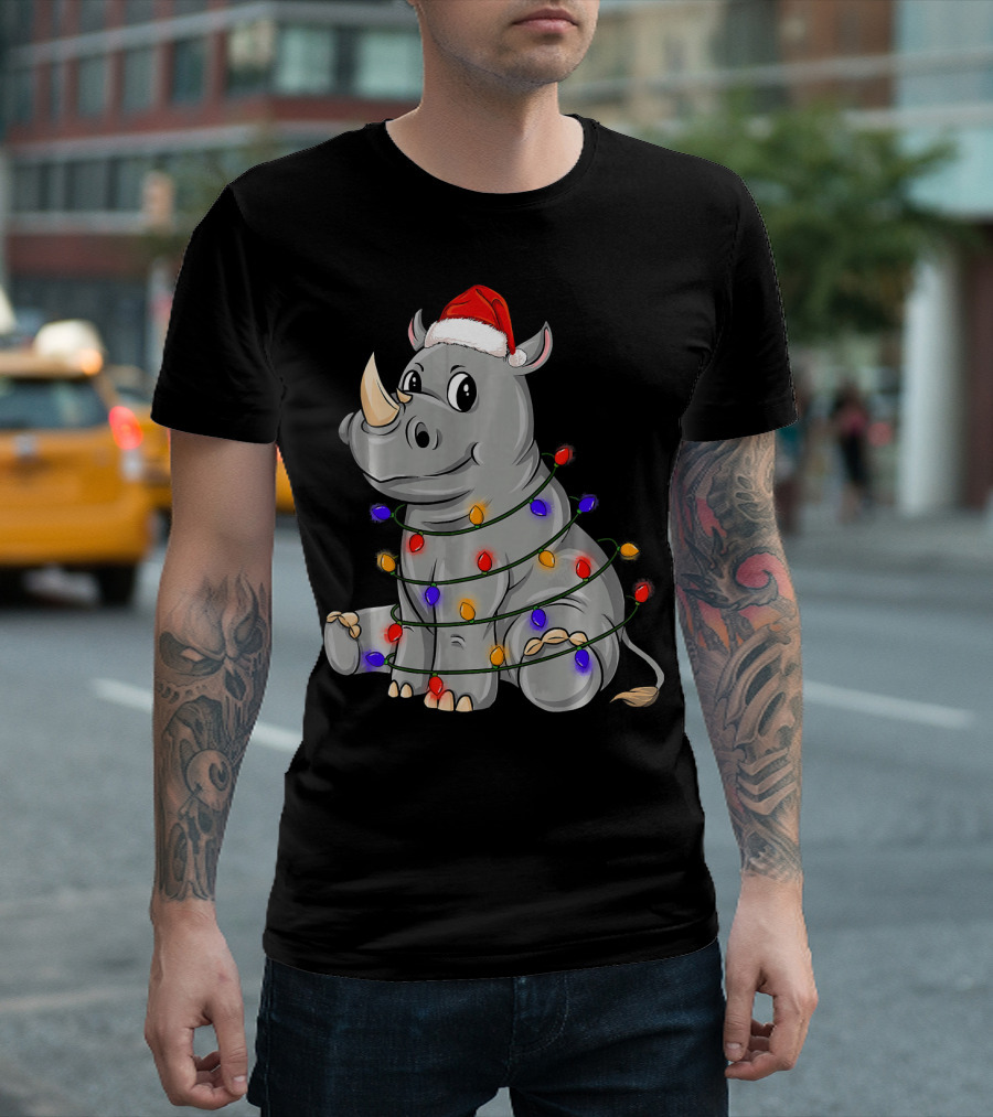 Rhino Wrapped in Christmas Lights Wearing Santa Hat Holiday Festive Chr T-Shirt