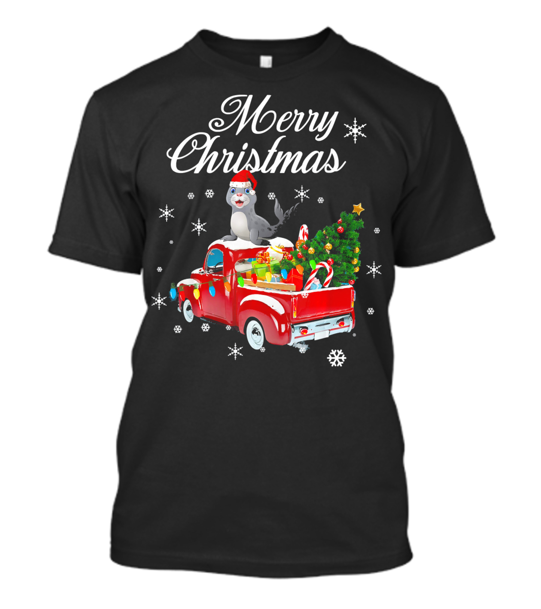 Merry Christmas Seal Riding Red Truck With Christmas Tree And Gifts T-Shirt
