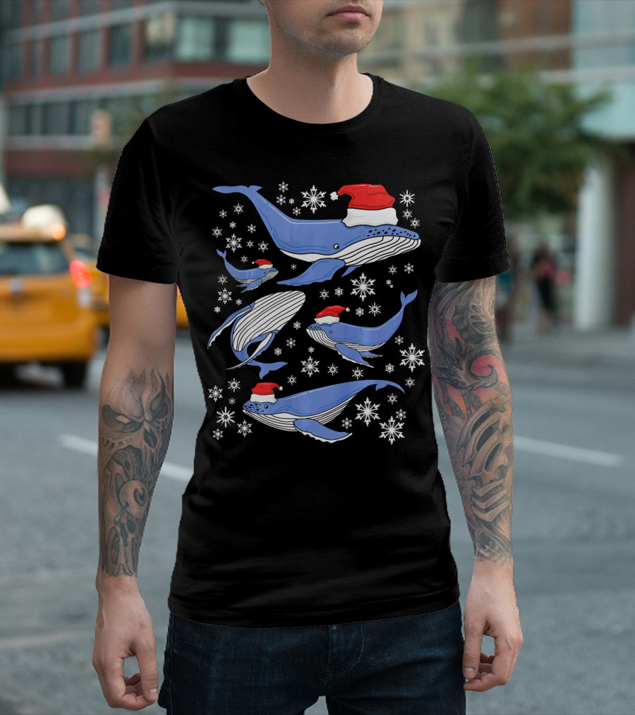 Santa Humpback Whales Snowflake Christmas Holiday Scene T-Shirt