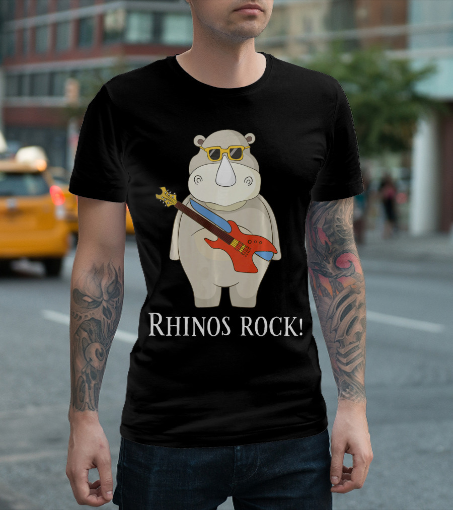Rhinos Rock Cute Funny Rhino Fan Lover With Guitar And Sunglasses T-Shirt