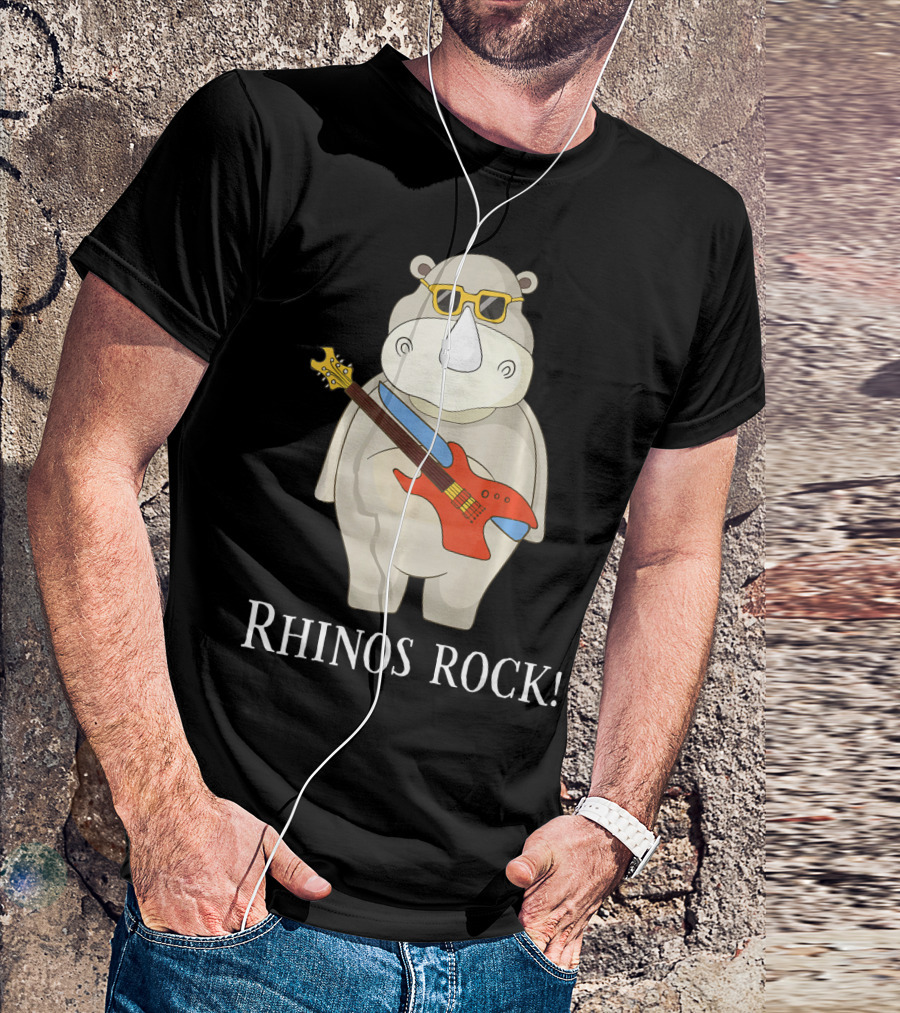 Rhinos Rock Cute Funny Rhino Fan Lover With Guitar And Sunglasses T-Shirt