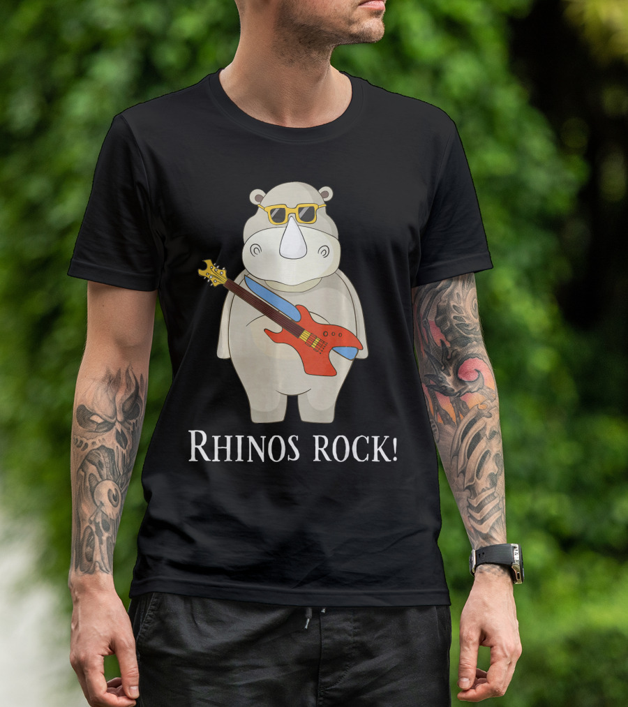 Rhinos Rock Cute Funny Rhino Fan Lover With Guitar And Sunglasses T-Shirt