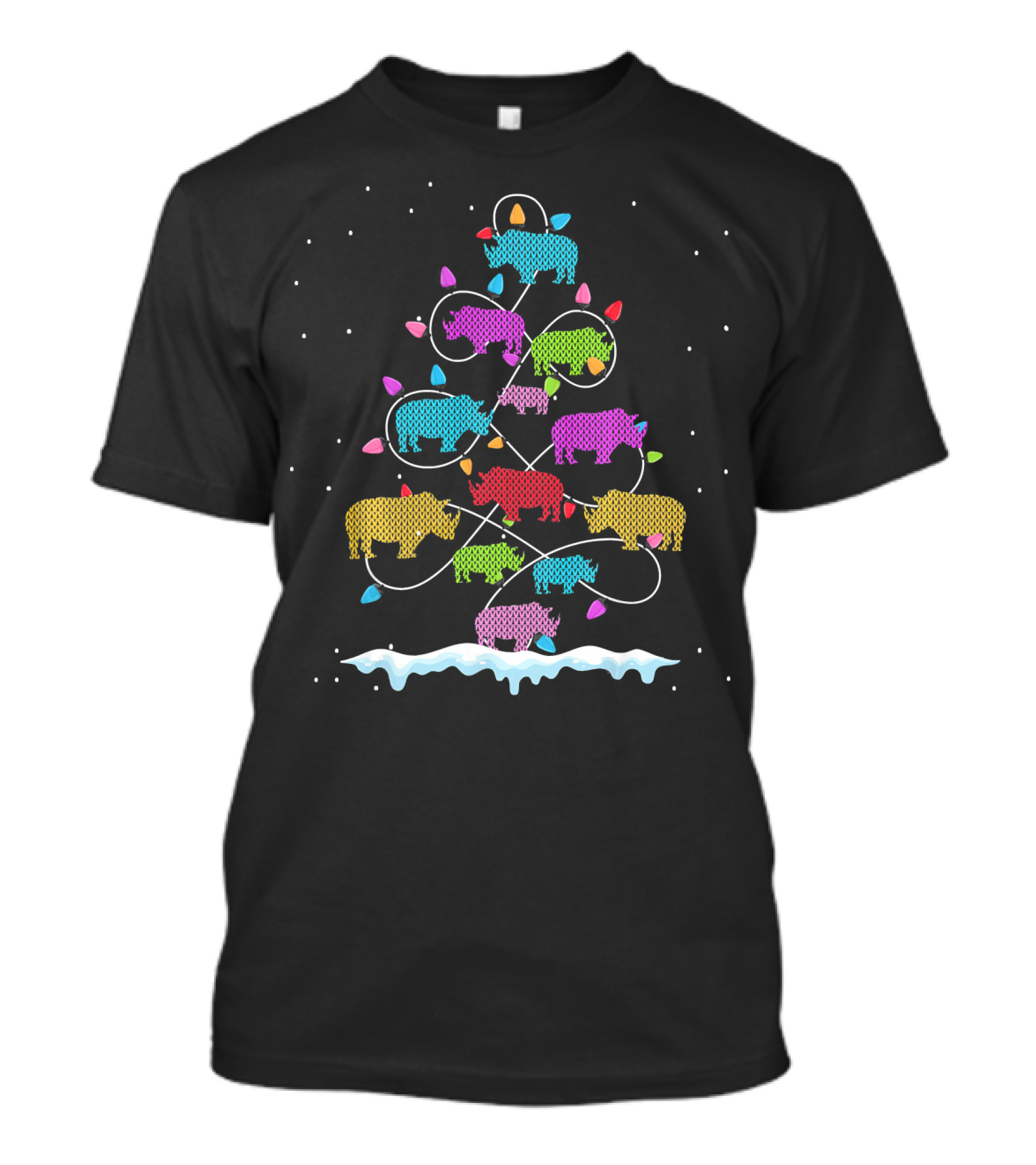 Rhino Christmas Tree With Colorful Holiday Lights And Snow T-Shirt