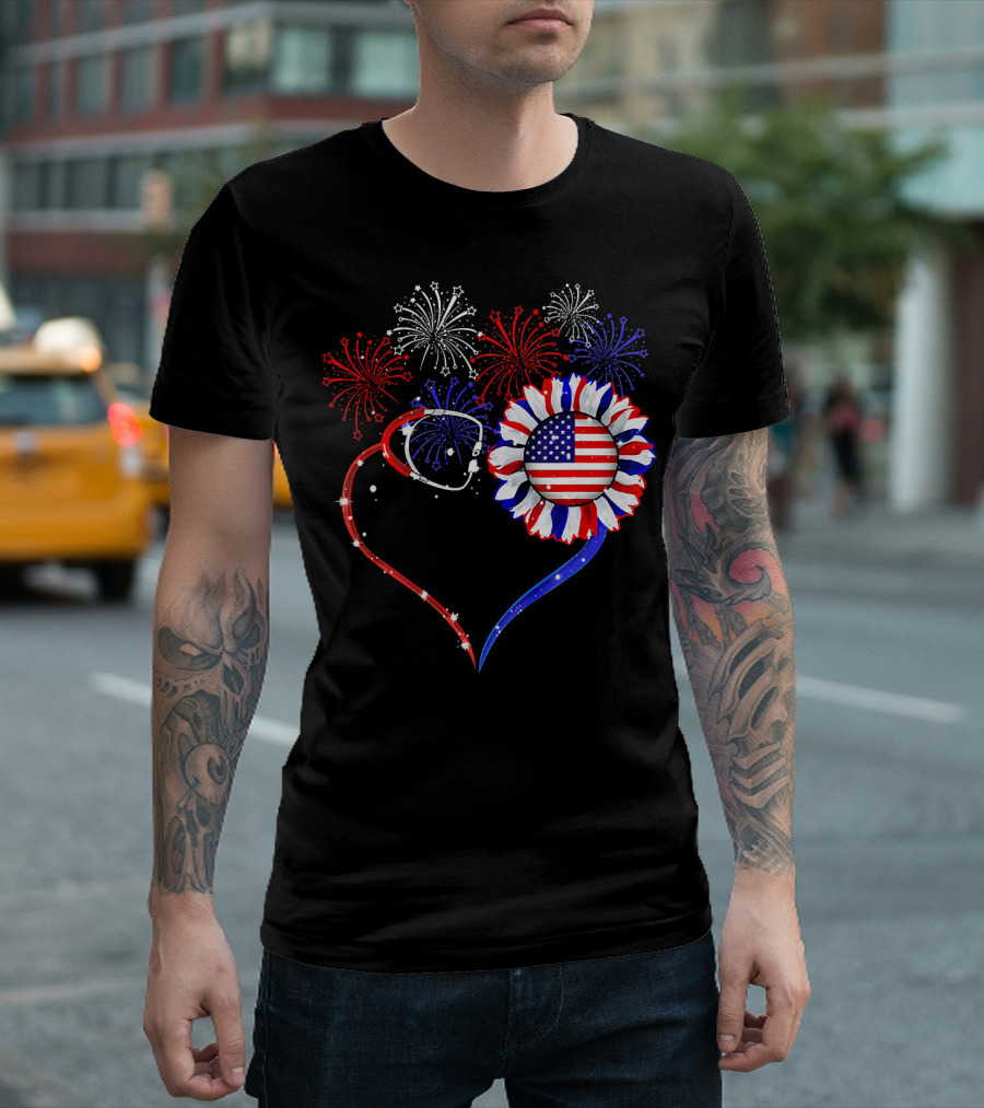 Patriotic Nurse Heart with Stethoscope Butterfly Sunflower Fireworks USA Flag T-Shirt