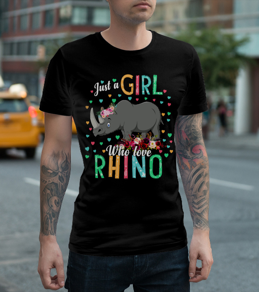 Just A Girl Who Loves Rhino With Colorful Hearts And Floral Accents T-Shirt