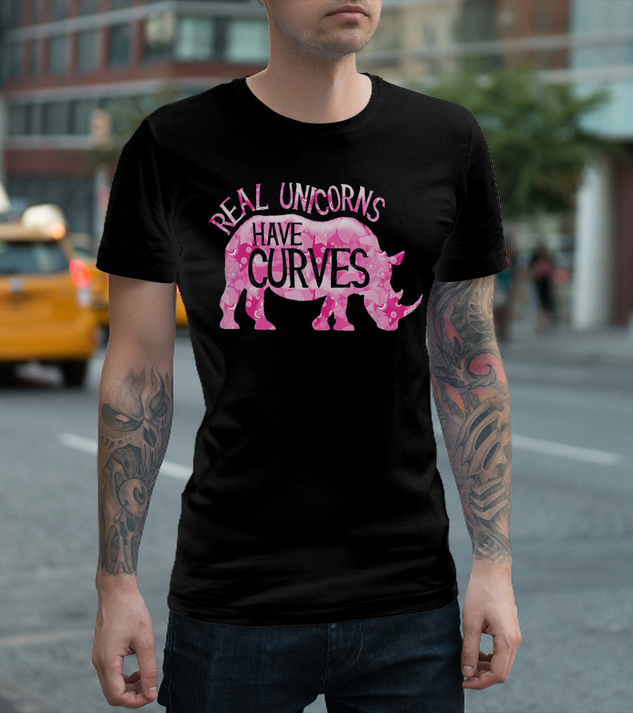 Real Unicorns Have Curves Funny Rhino Un Pink Patterned Rhinoceros T-Shirt