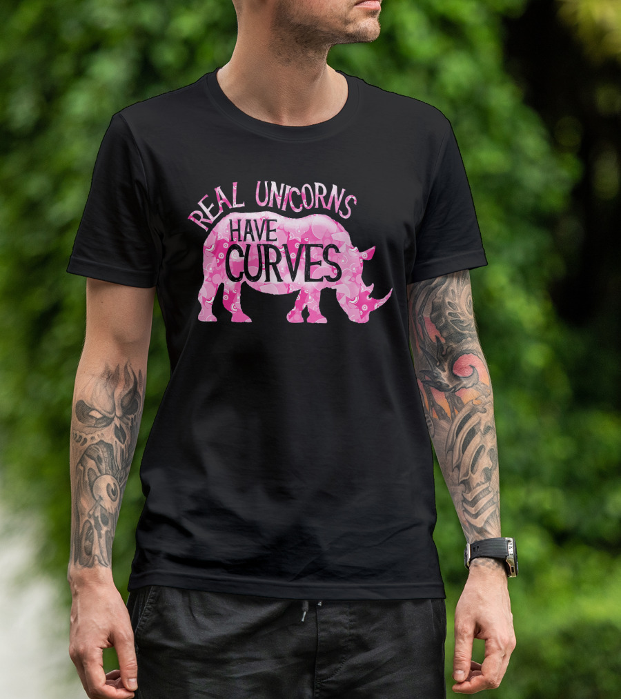 Real Unicorns Have Curves Funny Rhino Un Pink Patterned Rhinoceros T-Shirt