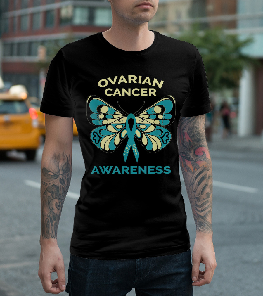 Ovarian Cancer Awareness Butterfly with Teal Ribbon Cure Hope T-Shirt