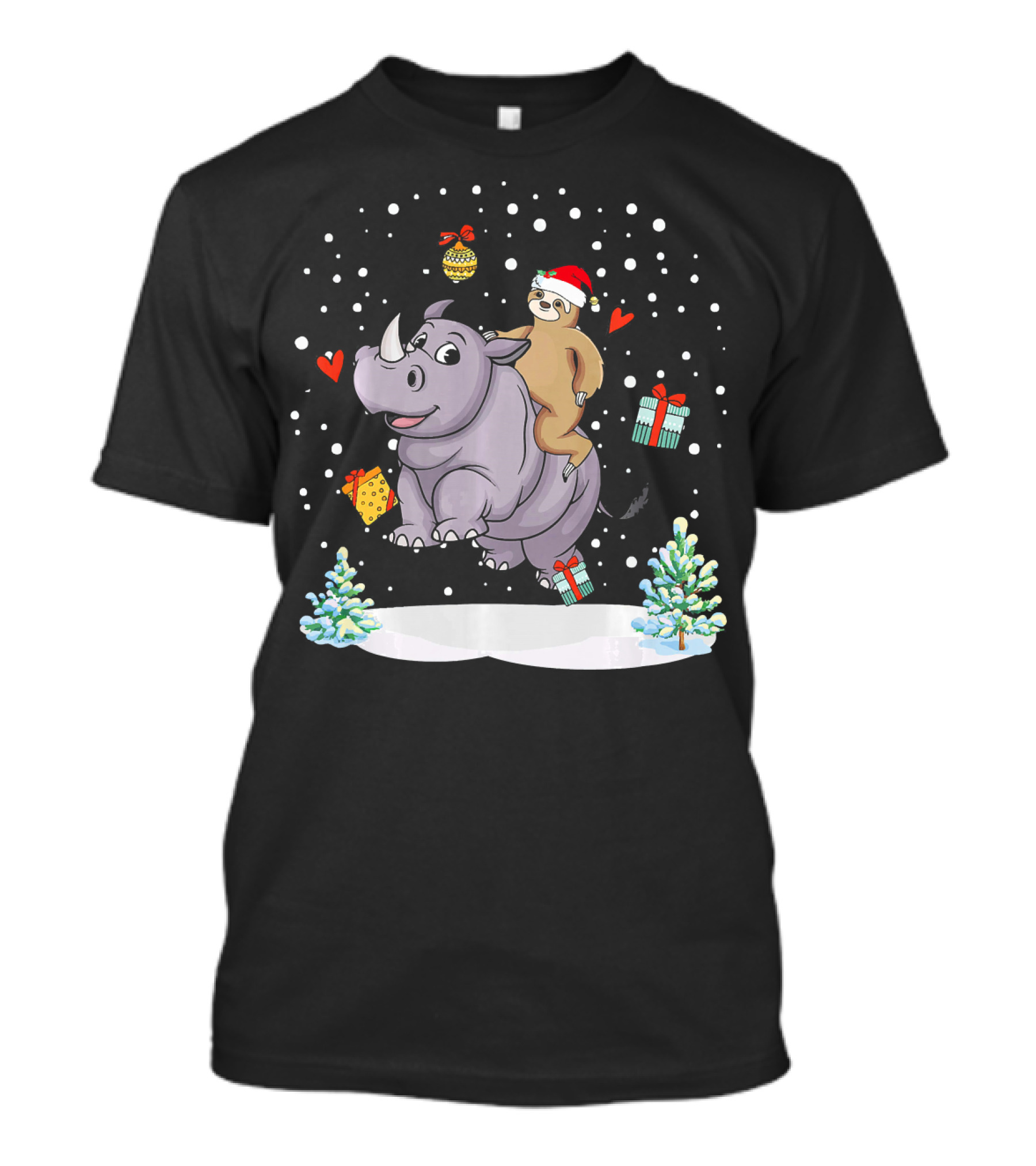 Santa Sloth Riding Rhino Lover Funny Christmas Scene With Snow And Gifts T-Shirt