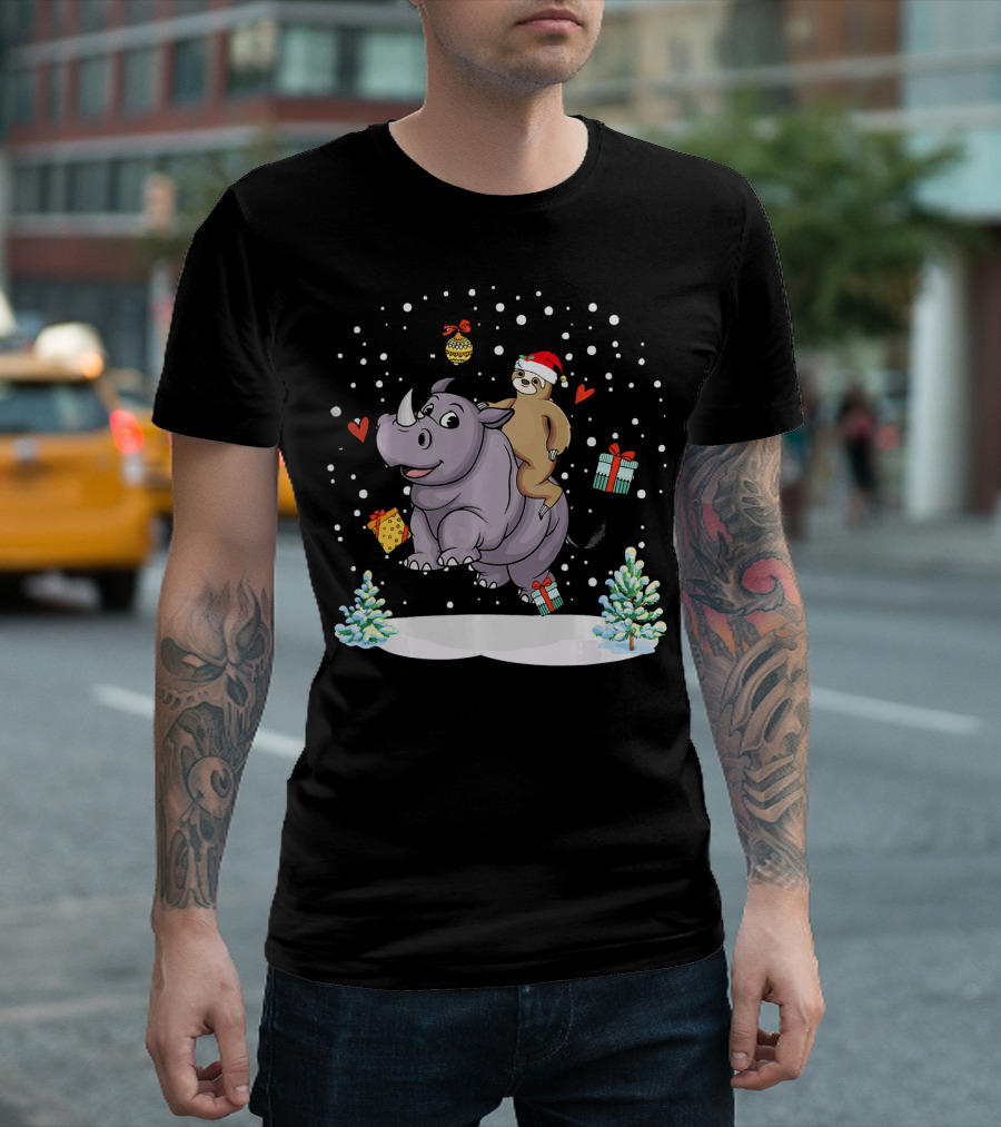 Santa Sloth Riding Rhino Lover Funny Christmas Scene With Snow And Gifts T-Shirt