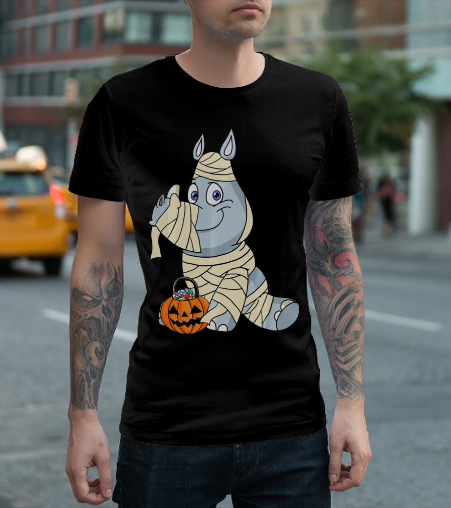 Rhino Mummy With Jack O Lantern Candy Basket T-Shirt