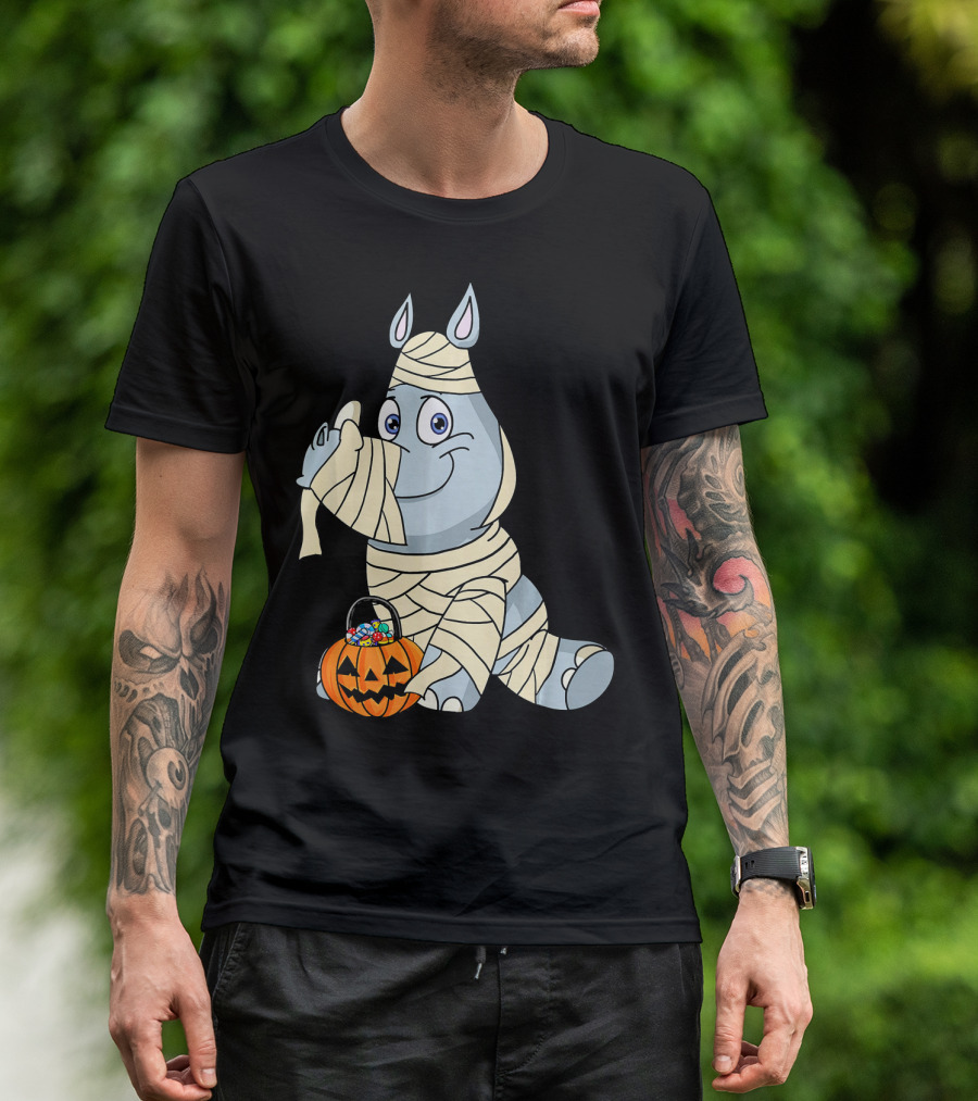 Rhino Mummy With Jack O Lantern Candy Basket T-Shirt