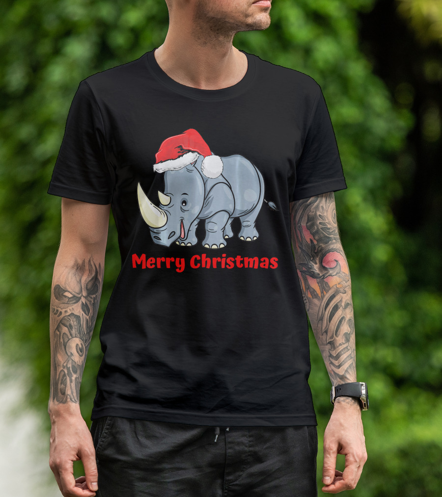 Merry Christmas Rhino Santa Hat T-Shirt