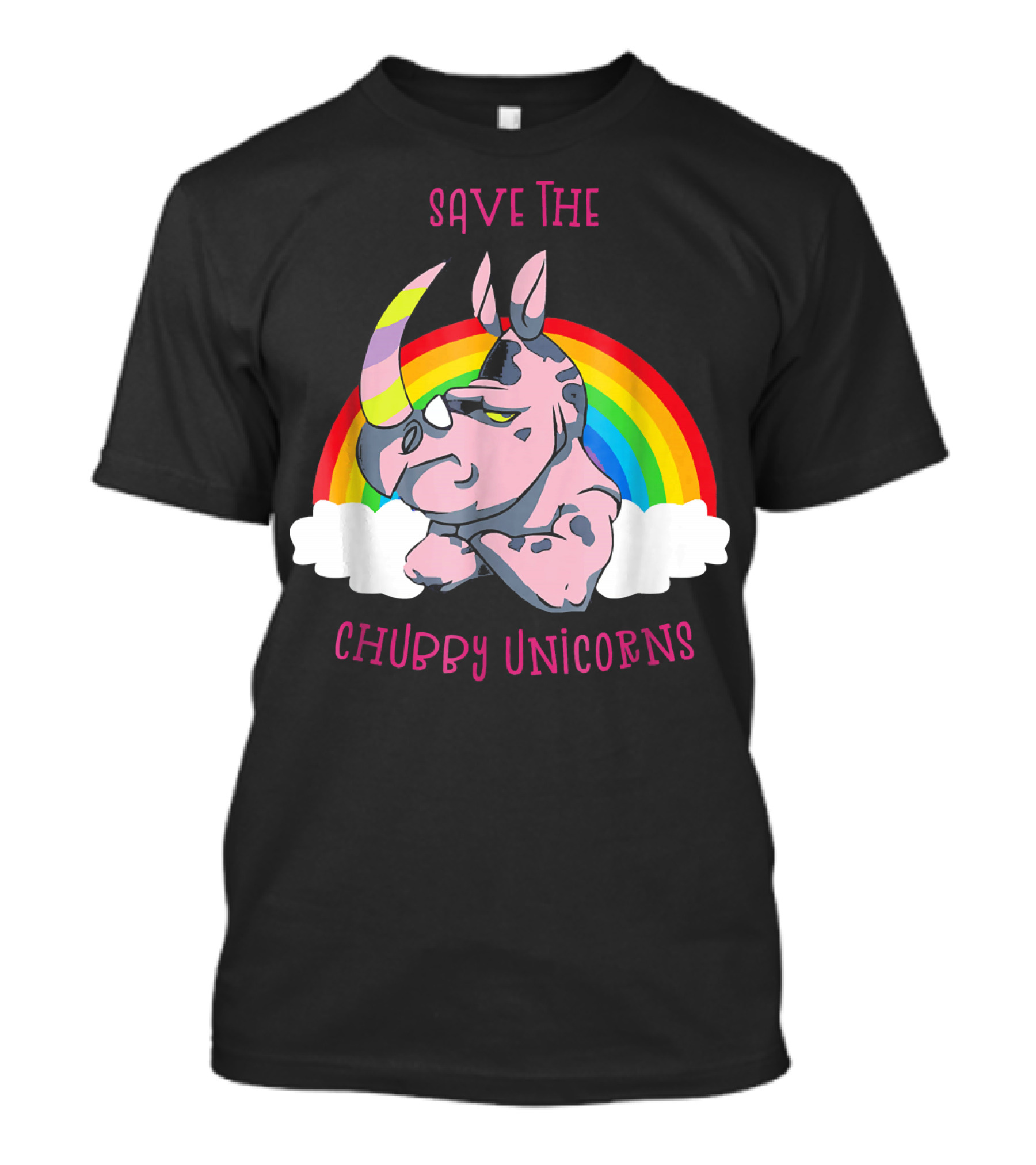 Save The Chubby Unicorns Cute Rhino Rainbow Clouds T-Shirt