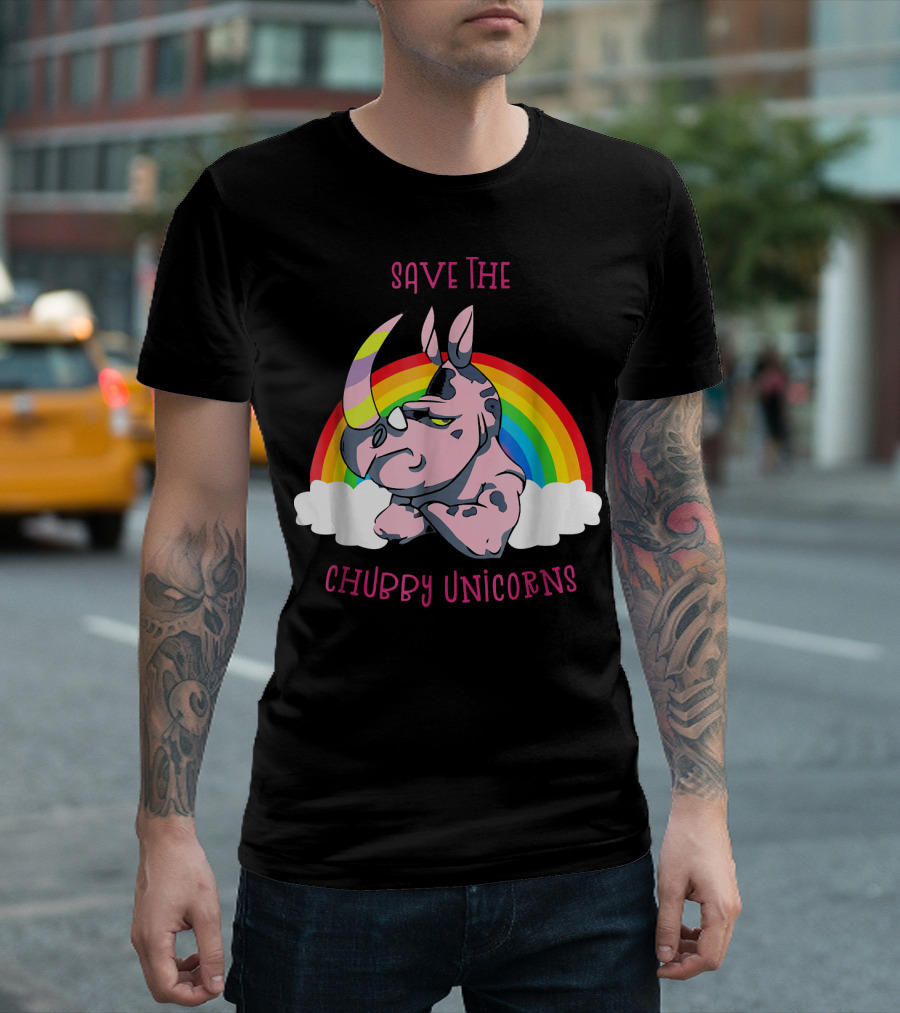 Save The Chubby Unicorns Cute Rhino Rainbow Clouds T-Shirt